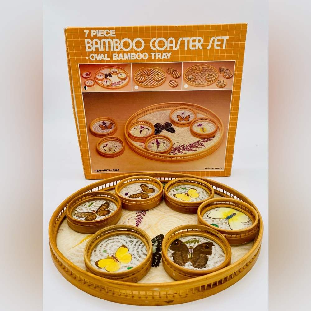 Vintage Boho 7-Piece Bamboo Coaster Set with Tray